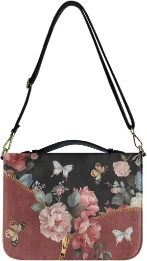 Suobstales Butterfly Flower Zipper Print PU Leather Bible Cover for Women Men Let Your Faith Be Bigger Bible Case with Handle, Lightweight Bible Carrying Case Church Protector Bible Bags, XL