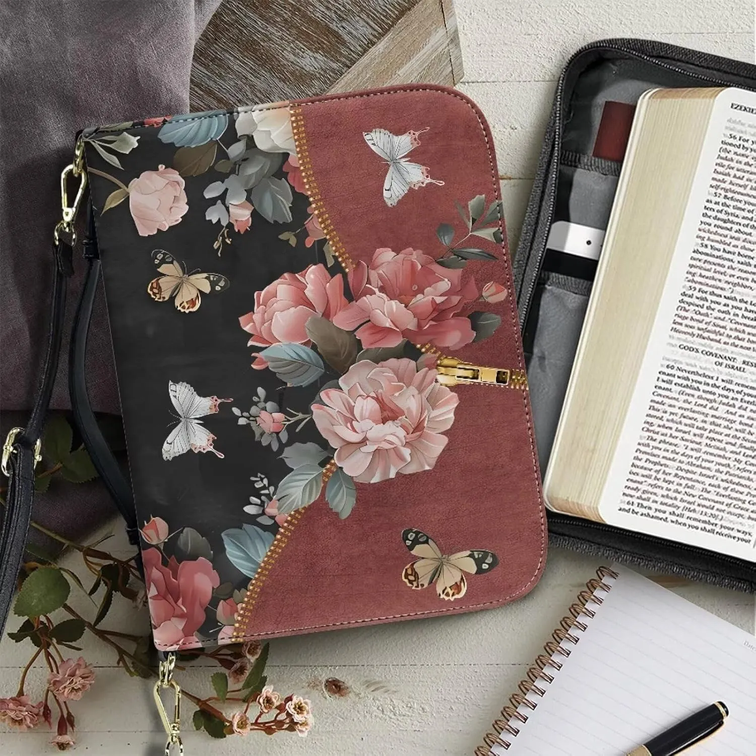 Suobstales Butterfly Flower Zipper Print PU Leather Bible Cover for Women Men Let Your Faith Be Bigger Bible Case with Handle, Lightweight Bible Carrying Case Church Protector Bible Bags, XL