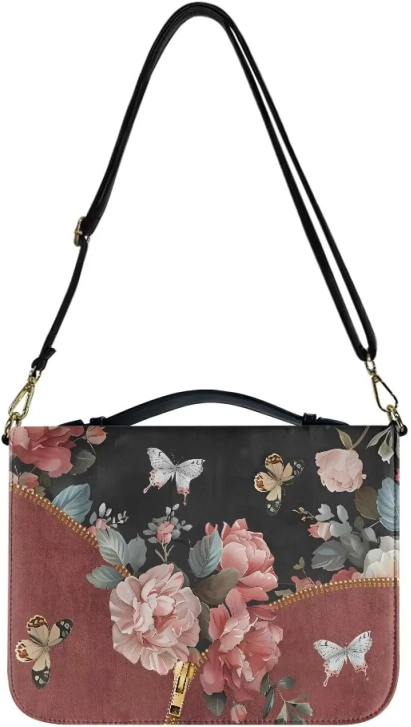 Suobstales Butterfly Flower Zipper Print PU Leather Bible Cover for Women Men Let Your Faith Be Bigger Bible Case with Handle, Lightweight Bible Carrying Case Church Protector Bible Bags, XL