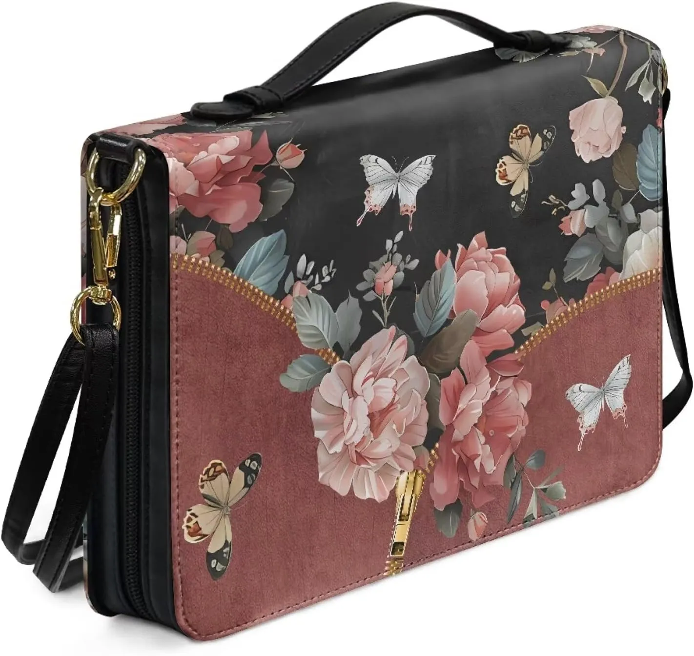 Suobstales Butterfly Flower Zipper Print PU Leather Bible Cover for Women Men Let Your Faith Be Bigger Bible Case with Handle, Lightweight Bible Carrying Case Church Protector Bible Bags, XL