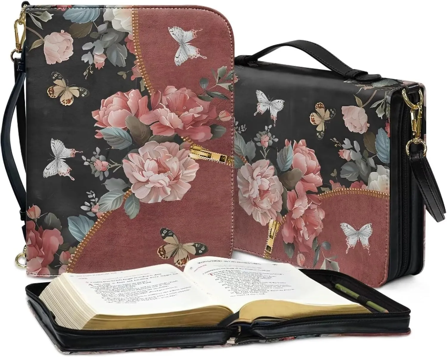 Suobstales Butterfly Flower Zipper Print PU Leather Bible Cover for Women Men Let Your Faith Be Bigger Bible Case with Handle, Lightweight Bible Carrying Case Church Protector Bible Bags, XL