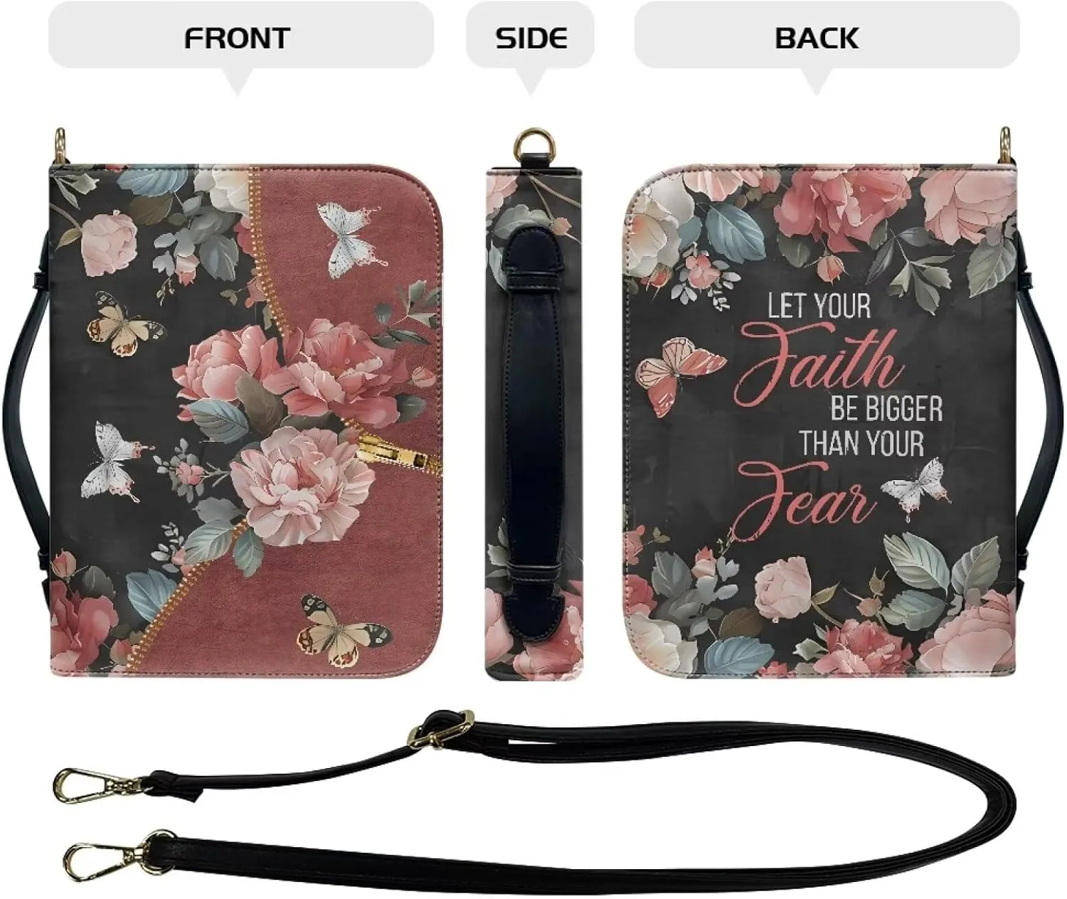 Suobstales Butterfly Flower Zipper Print PU Leather Bible Cover for Women Men Let Your Faith Be Bigger Bible Case with Handle, Lightweight Bible Carrying Case Church Protector Bible Bags, XL