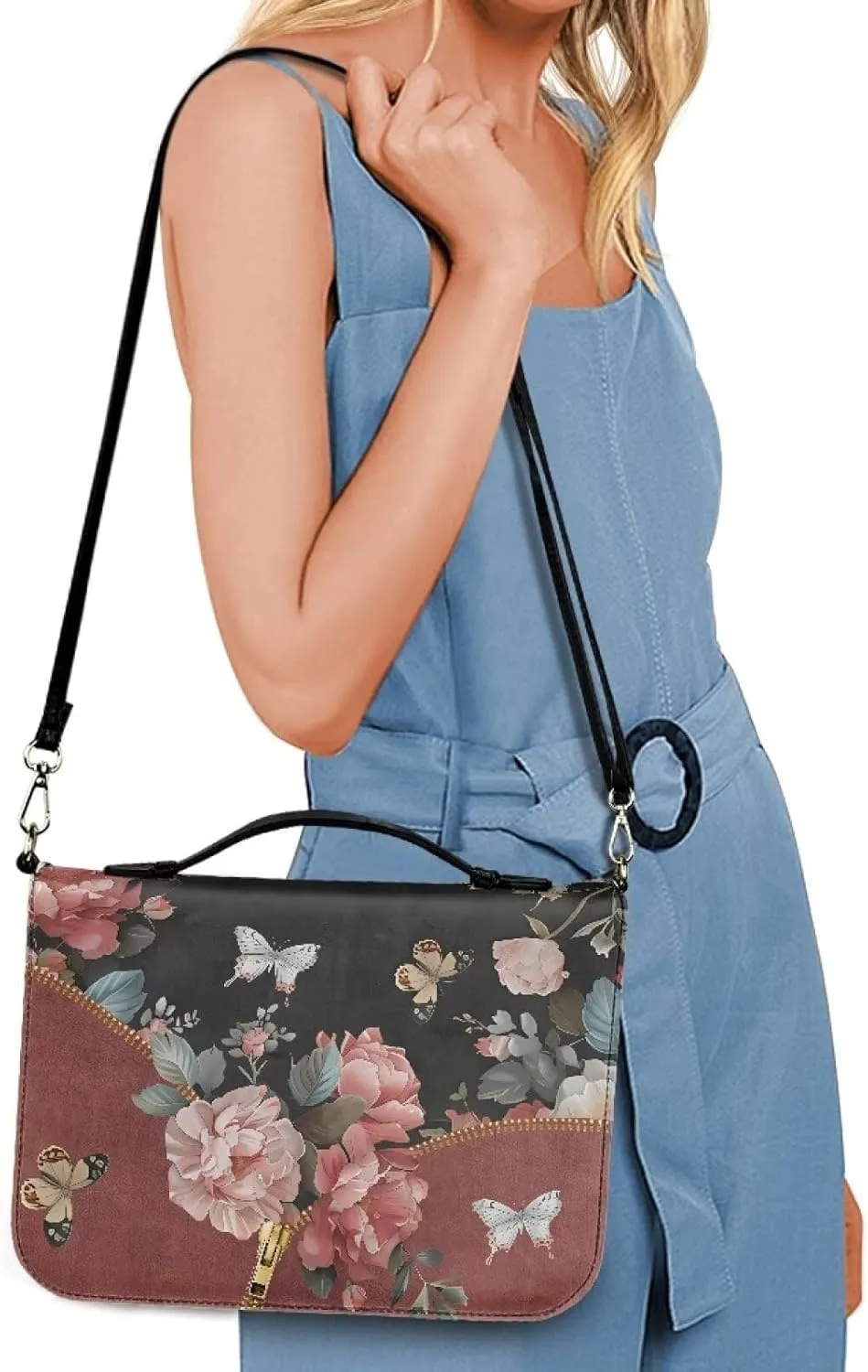 Suobstales Butterfly Flower Zipper Print PU Leather Bible Cover for Women Men Let Your Faith Be Bigger Bible Case with Handle, Lightweight Bible Carrying Case Church Protector Bible Bags, XL