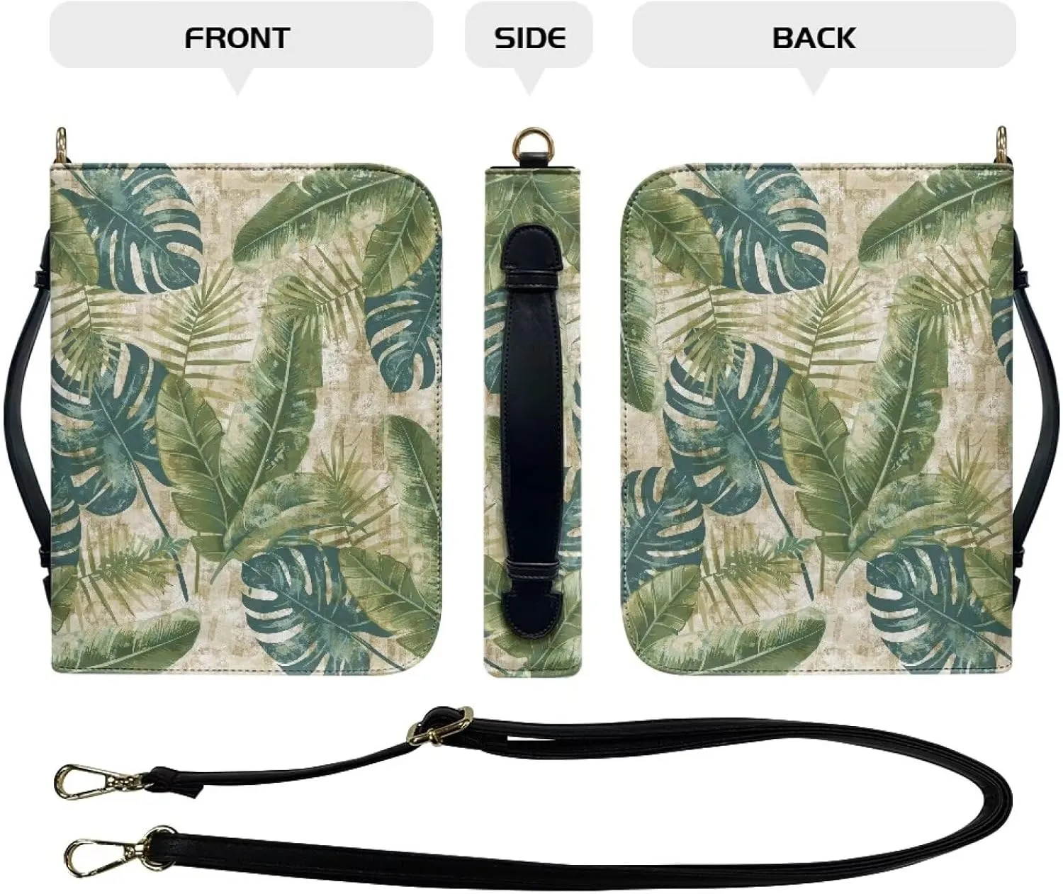 Suobstales Green Palm Leaf Print Bible Case for Women Men Waterproof Bible Covers Bible Bags Bible Cover with Shoulder Strap, Bible Accessories Bible Study Suppliers Christian Gift, XL