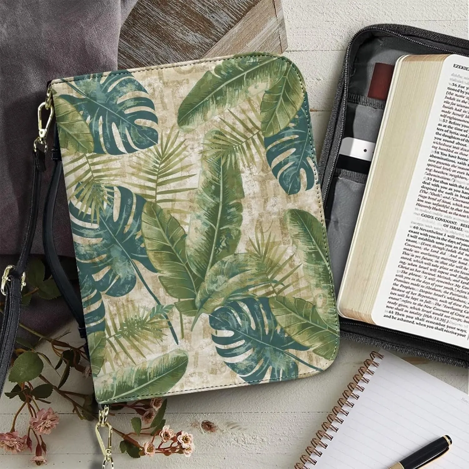 Suobstales Green Palm Leaf Print Bible Case for Women Men Waterproof Bible Covers Bible Bags Bible Cover with Shoulder Strap, Bible Accessories Bible Study Suppliers Christian Gift, XL