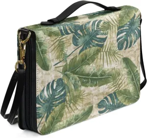 Suobstales Green Palm Leaf Print Bible Case for Women Men Waterproof Bible Covers Bible Bags Bible Cover with Shoulder Strap, Bible Accessories Bible Study Suppliers Christian Gift, XL