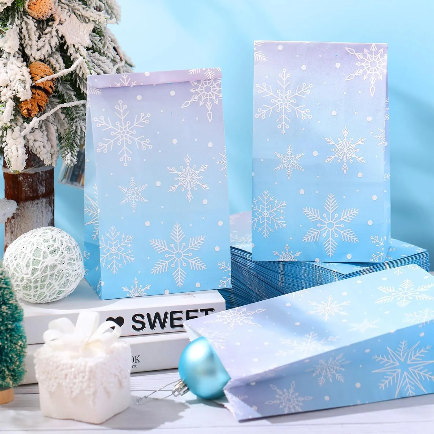 Sweetude 120 Pcs 30 Pcs Birthday Paper Bags Blue and Purple Snowflake Candy Treat Goodie Bags for Wonderland Holiday Birthday Winter Party Supplies