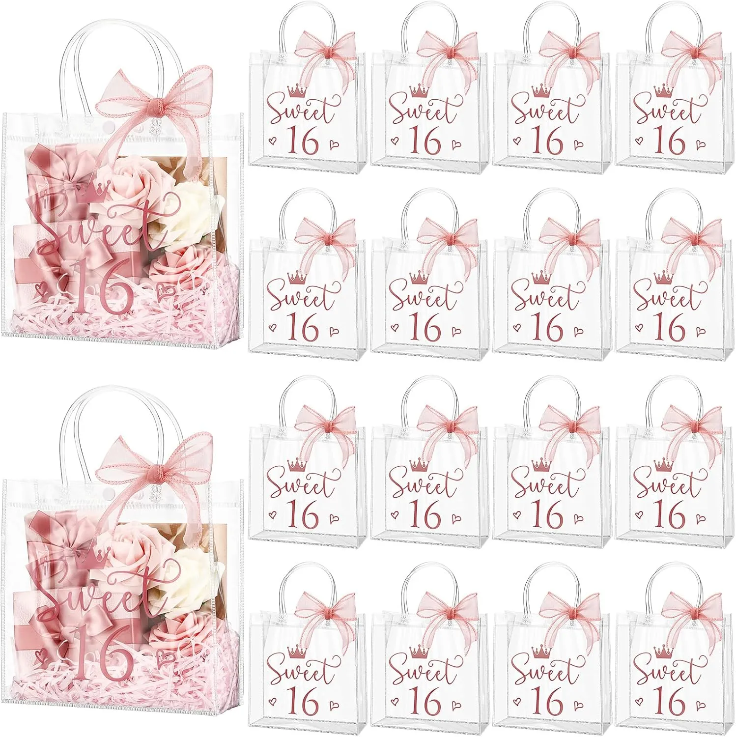 Sweetude 18 Pcs Sweet 16 Birthday Gift Bag 16th Party Gift Bags with Handles and Ribbons Clear Birthday Party Favors for Guests 16 Years Sweet Birthday Supply Decorations