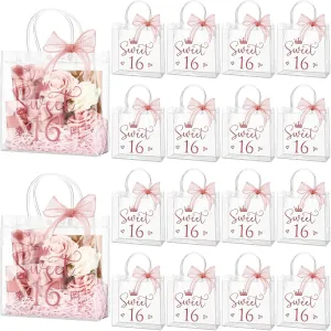Sweetude 18 Pcs Sweet 16 Birthday Gift Bag 16th Party Gift Bags with Handles and Ribbons Clear Birthday Party Favors for Guests 16 Years Sweet Birthday Supply Decorations