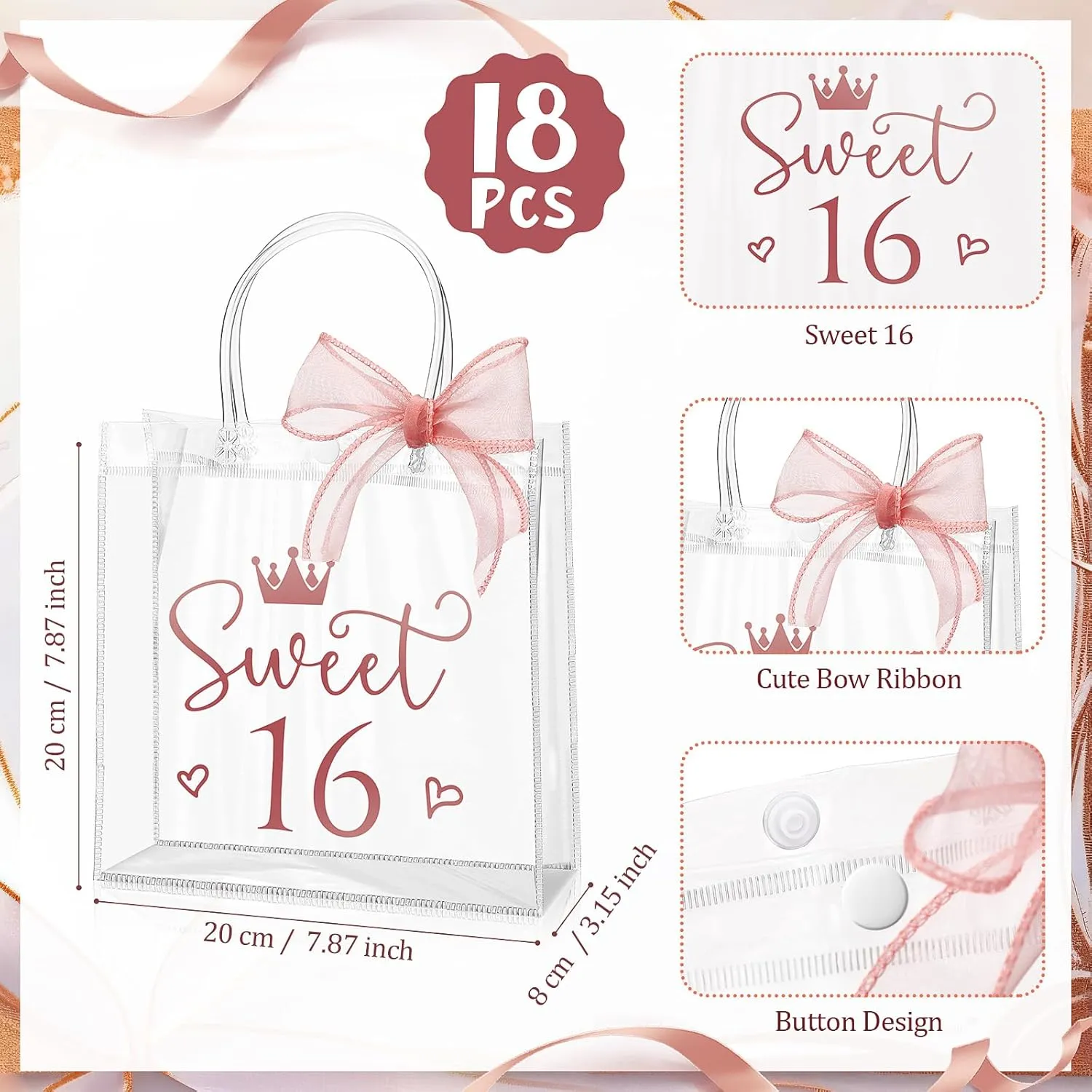 Sweetude 18 Pcs Sweet 16 Birthday Gift Bag 16th Party Gift Bags with Handles and Ribbons Clear Birthday Party Favors for Guests 16 Years Sweet Birthday Supply Decorations