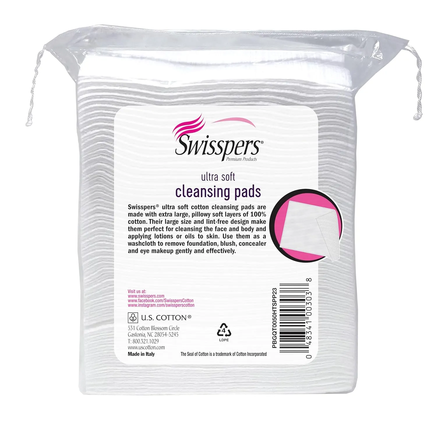 Swisspers Premium Facial Cleansing Pad, 100% Cotton, Ultra Soft, Extra Large, 50 White Pads per Reclosable Bag, 6 Bags (300 Pads Total)