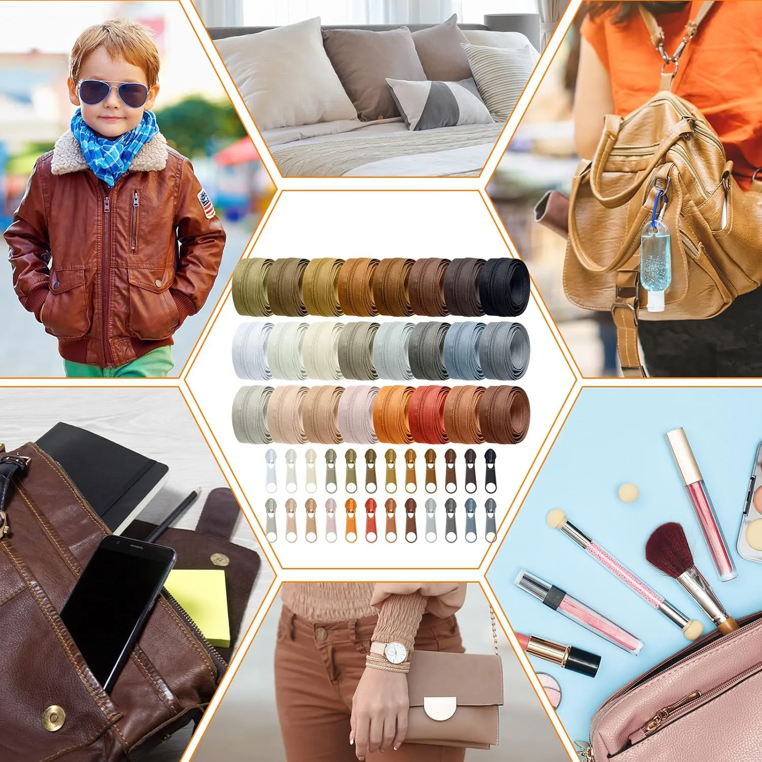 Syhood 24 Colors Zipper Repair Kit, 24 Yard #5 Nylon Coil Sewing Zippers Sewing Supplies Zipper Tape Zippers by The Yard with 96 Pcs Zip Pulls Sliders Purse Hardware for Bags Making (Brown Series)