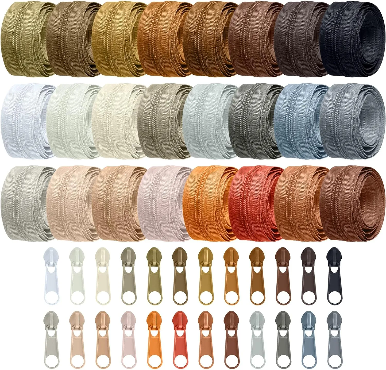 Syhood 24 Colors Zipper Repair Kit, 24 Yard #5 Nylon Coil Sewing Zippers Sewing Supplies Zipper Tape Zippers by The Yard with 96 Pcs Zip Pulls Sliders Purse Hardware for Bags Making (Brown Series)