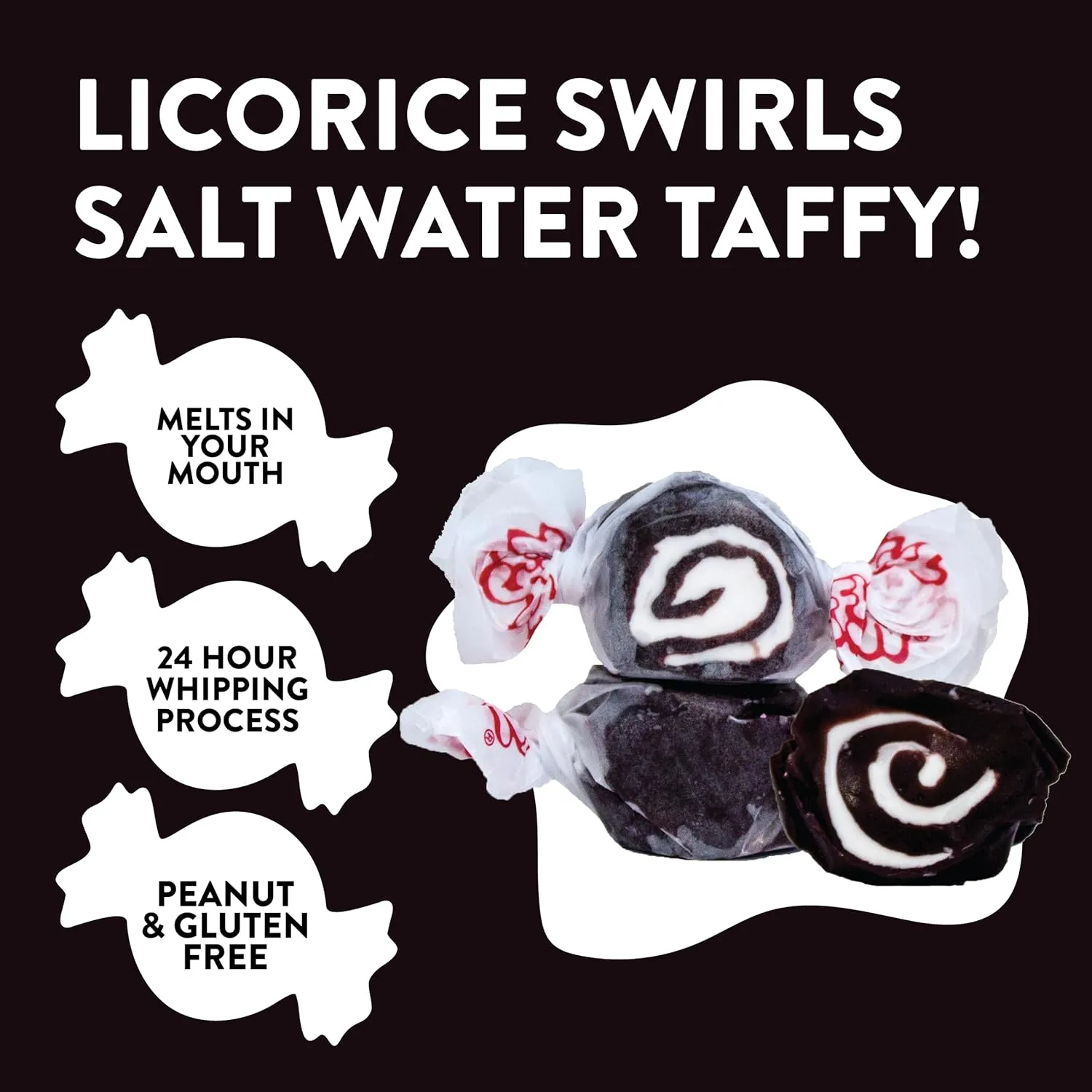 Taffy Town Saltwater Taffy- Licorice Swirls | Gourmet Taffy| Nougat-Style Candy| Soft & Delicious| Sumer Snack Treats| Party Good Candies| 2.5lbs