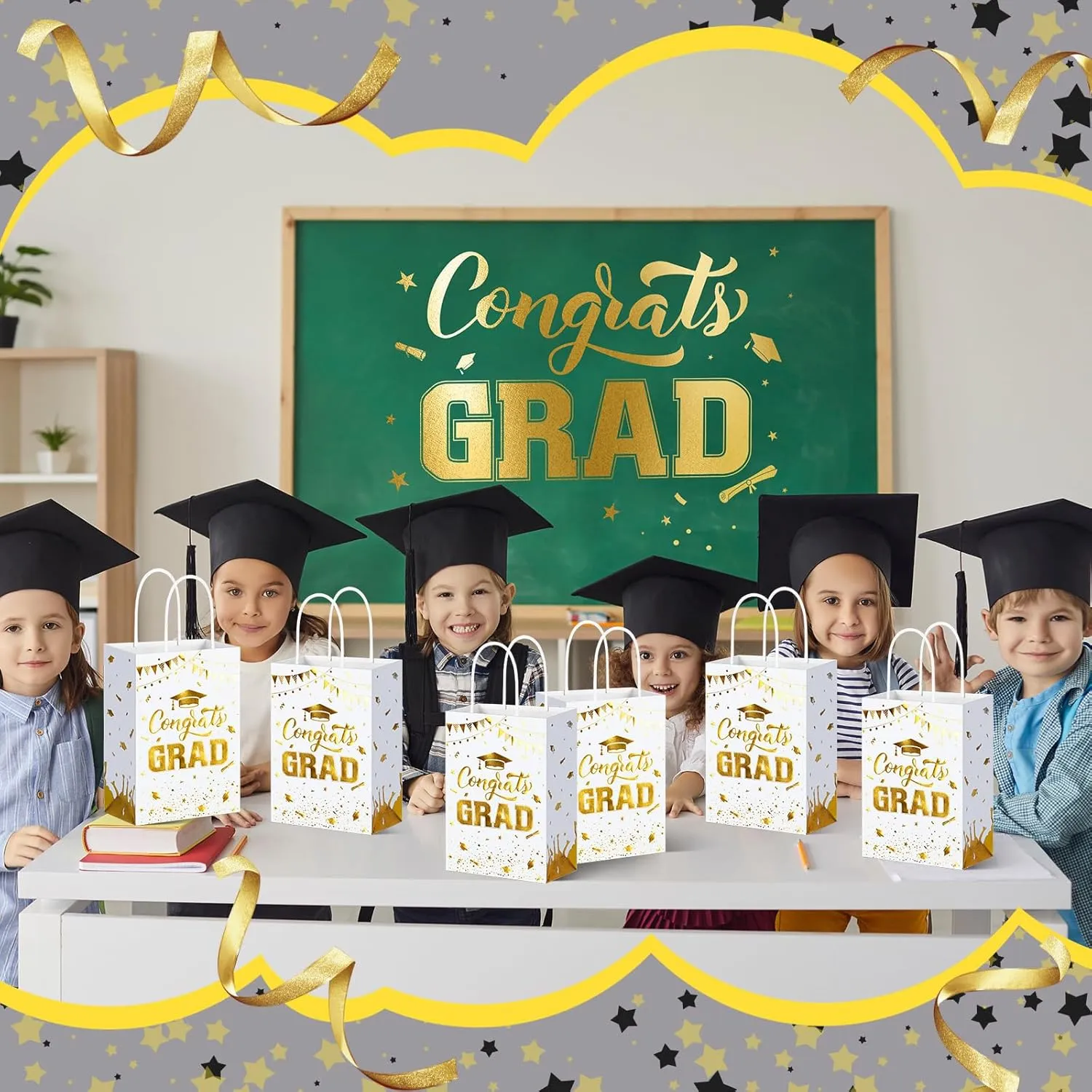 TaoBary 24 Pcs White Gold 2025 Graduation Gift Bags Congrats Grad Bags Party Favors with Handles Graduation Treat Paper Gifts for Grad Party Supplies, 8 x 6 x 3 Inches