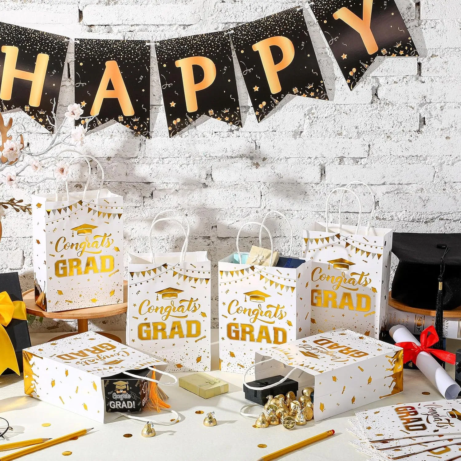 TaoBary 24 Pcs White Gold 2025 Graduation Gift Bags Congrats Grad Bags Party Favors with Handles Graduation Treat Paper Gifts for Grad Party Supplies, 8 x 6 x 3 Inches