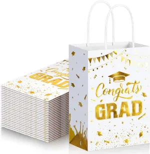 TaoBary 24 Pcs White Gold 2025 Graduation Gift Bags Congrats Grad Bags Party Favors with Handles Graduation Treat Paper Gifts for Grad Party Supplies, 8 x 6 x 3 Inches