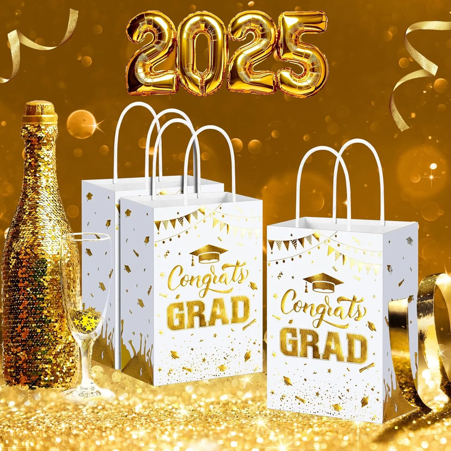 TaoBary 24 Pcs White Gold 2025 Graduation Gift Bags Congrats Grad Bags Party Favors with Handles Graduation Treat Paper Gifts for Grad Party Supplies, 8 x 6 x 3 Inches