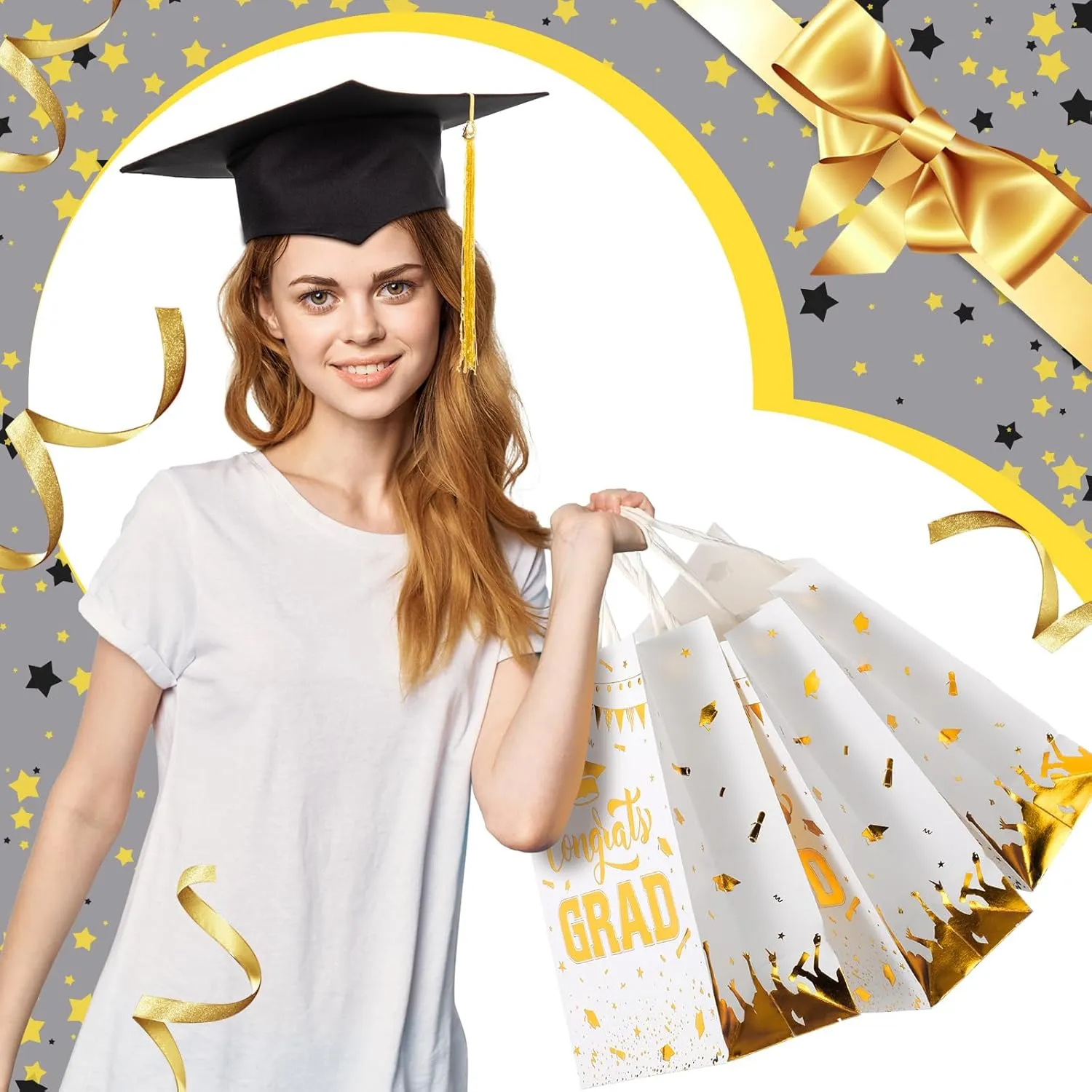 TaoBary 24 Pcs White Gold 2025 Graduation Gift Bags Congrats Grad Bags Party Favors with Handles Graduation Treat Paper Gifts for Grad Party Supplies, 8 x 6 x 3 Inches