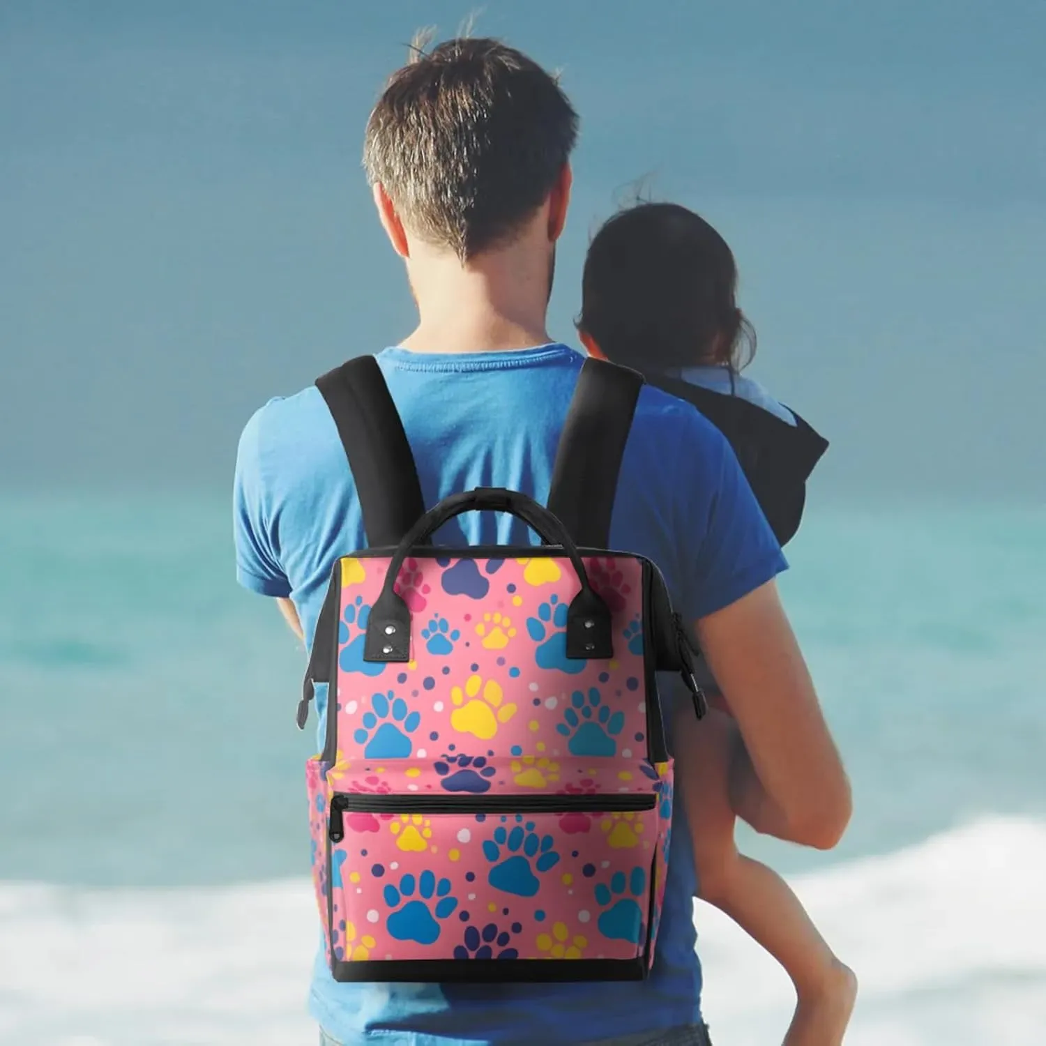 Tavisto Vibrant Pink Paws Double Shoulder Mommy Bag for Women, Polyester Large Capacity Diaper Backpack with Multi Pockets, Waterproof Adjustable Straps Diaper Bag for Moms Dads, 11''×7''×15.7''
