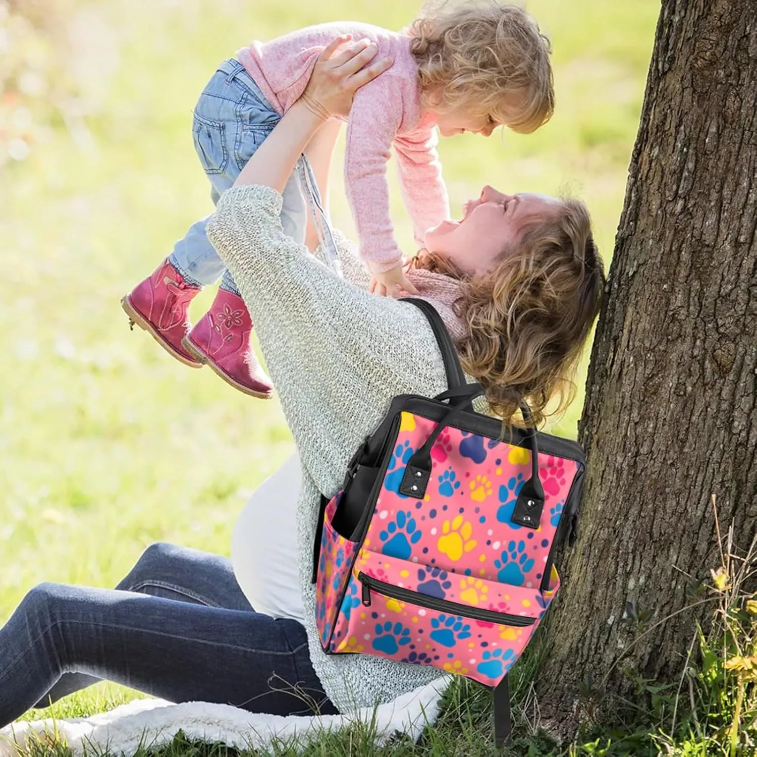 Tavisto Vibrant Pink Paws Double Shoulder Mommy Bag for Women, Polyester Large Capacity Diaper Backpack with Multi Pockets, Waterproof Adjustable Straps Diaper Bag for Moms Dads, 11''×7''×15.7''