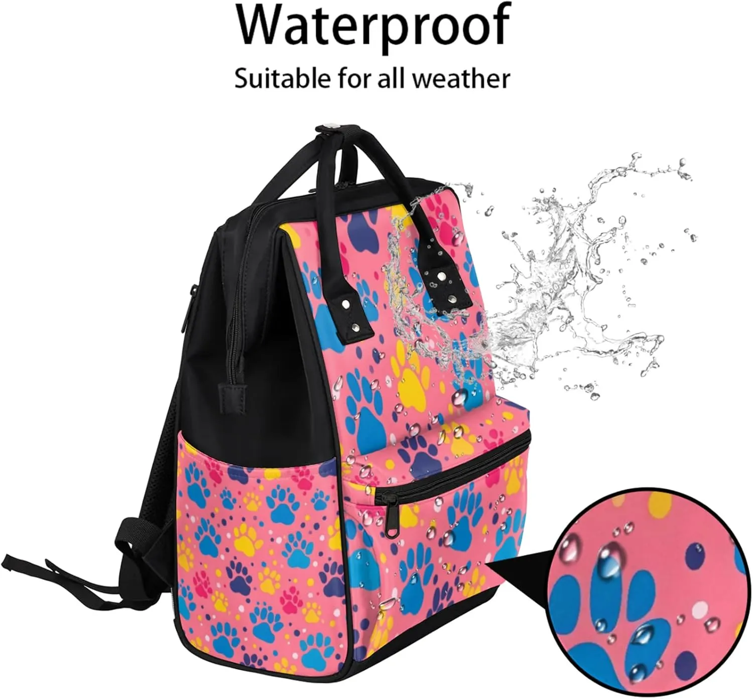 Tavisto Vibrant Pink Paws Double Shoulder Mommy Bag for Women, Polyester Large Capacity Diaper Backpack with Multi Pockets, Waterproof Adjustable Straps Diaper Bag for Moms Dads, 11''×7''×15.7''