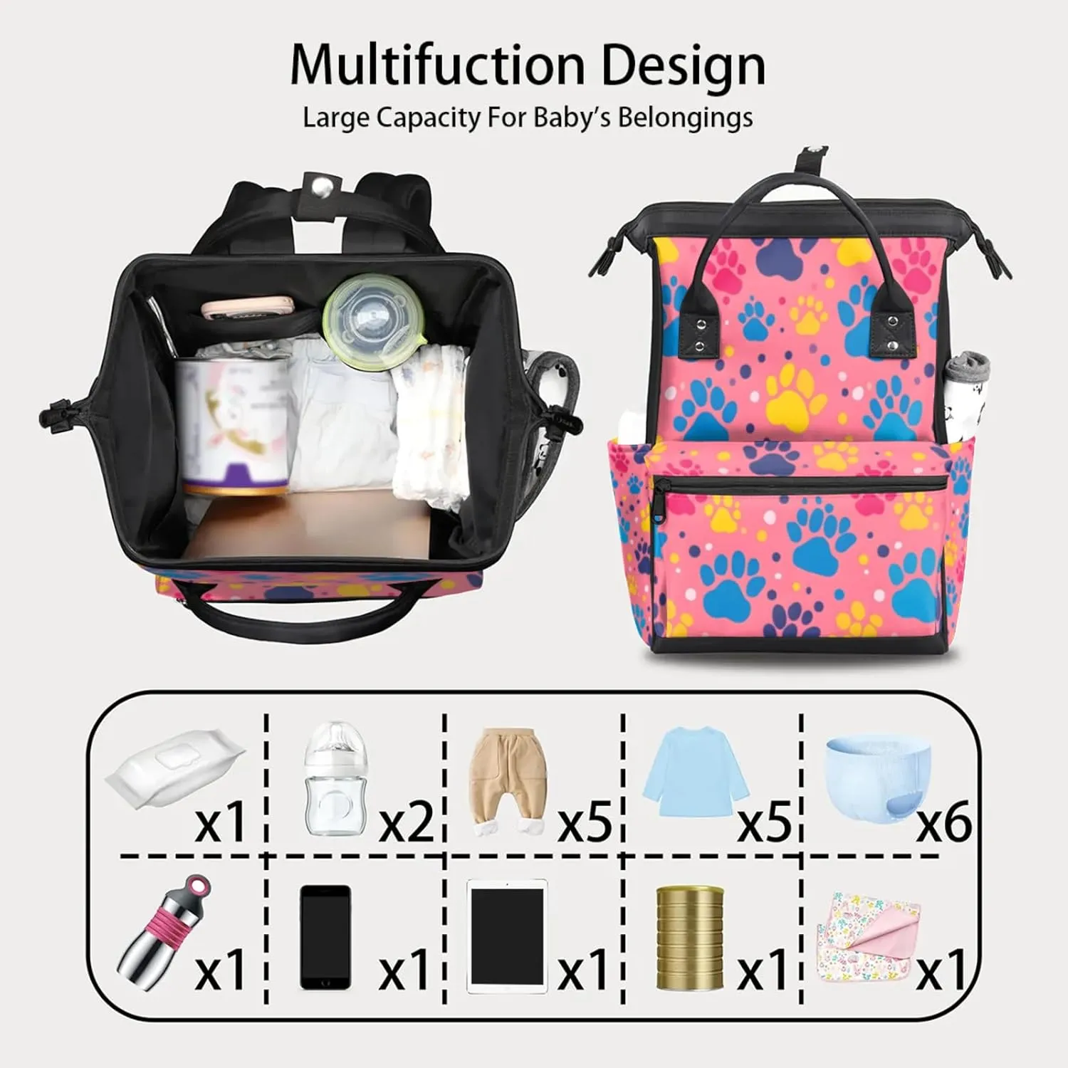 Tavisto Vibrant Pink Paws Double Shoulder Mommy Bag for Women, Polyester Large Capacity Diaper Backpack with Multi Pockets, Waterproof Adjustable Straps Diaper Bag for Moms Dads, 11''×7''×15.7''