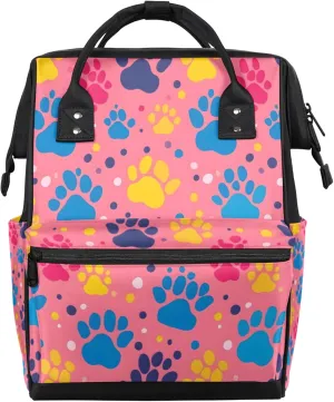 Tavisto Vibrant Pink Paws Double Shoulder Mommy Bag for Women, Polyester Large Capacity Diaper Backpack with Multi Pockets, Waterproof Adjustable Straps Diaper Bag for Moms Dads, 11''×7''×15.7''