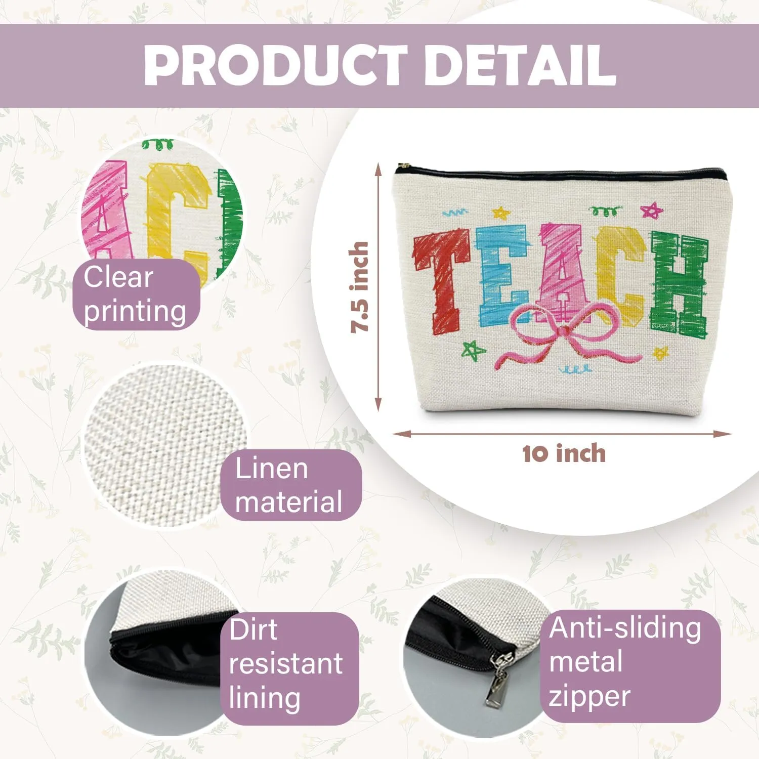 Teacher Makeup Bag, Teacher Appreciation Gifts Cosmetic Bags for Women, End of Year Teachers Gifts, Coquette Bow Teach Zipper Makeup Pouch for Teachers