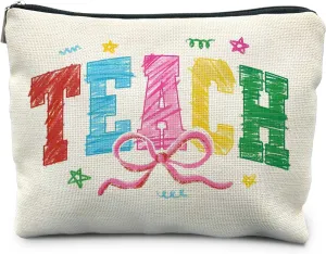 Teacher Makeup Bag, Teacher Appreciation Gifts Cosmetic Bags for Women, End of Year Teachers Gifts, Coquette Bow Teach Zipper Makeup Pouch for Teachers