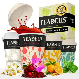 TeaDeus Herbal Instant Brew Tea in a Cup Sampler, Set of 16 Eco-Friendly Tea Cups for Home, Travel & Office, Hot or Iced, Chamomile, Lemon Ginger, Peppermint, Hibiscus & Rosehip