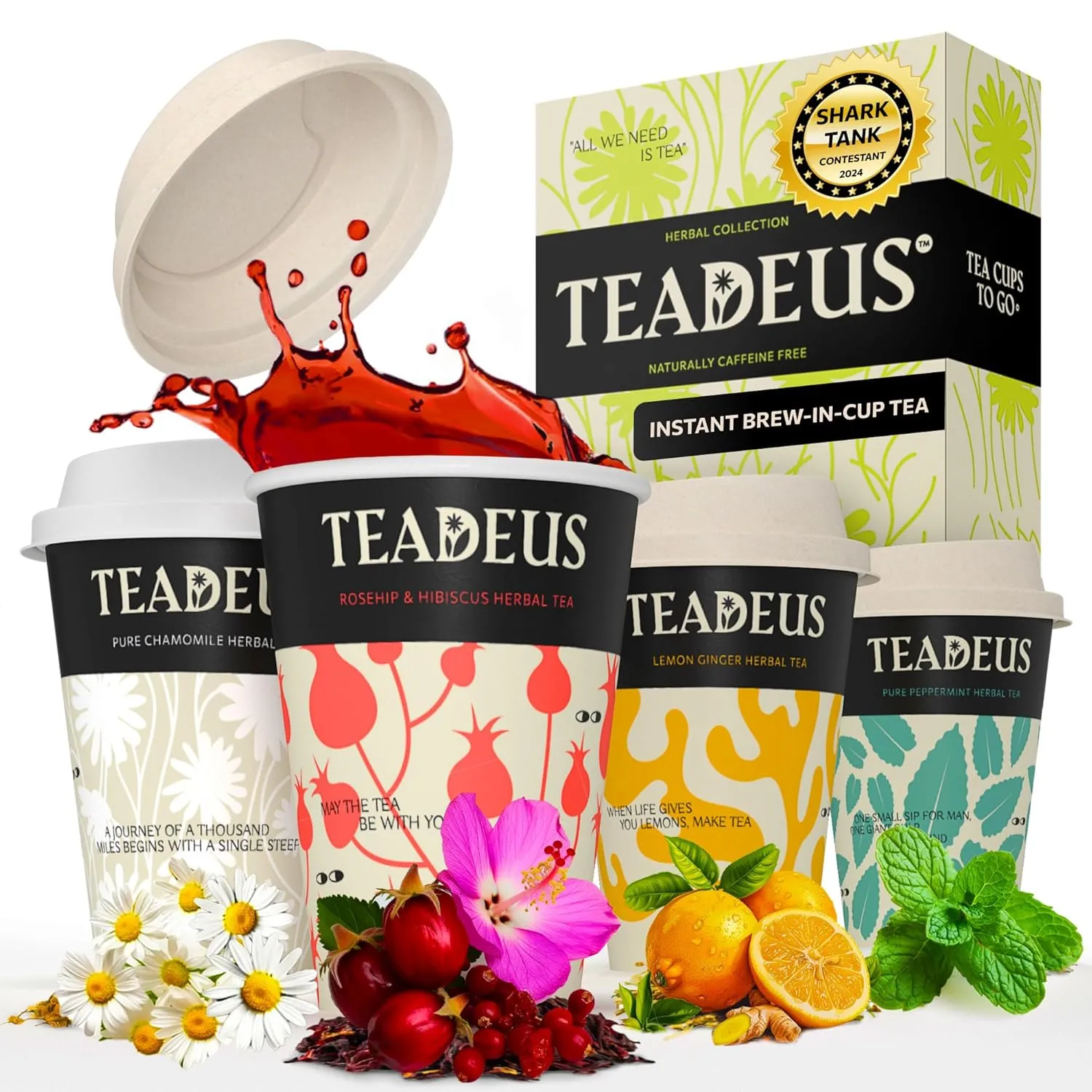 TeaDeus Herbal Instant Brew Tea in a Cup Sampler, Set of 16 Eco-Friendly Tea Cups for Home, Travel & Office, Hot or Iced, Chamomile, Lemon Ginger, Peppermint, Hibiscus & Rosehip