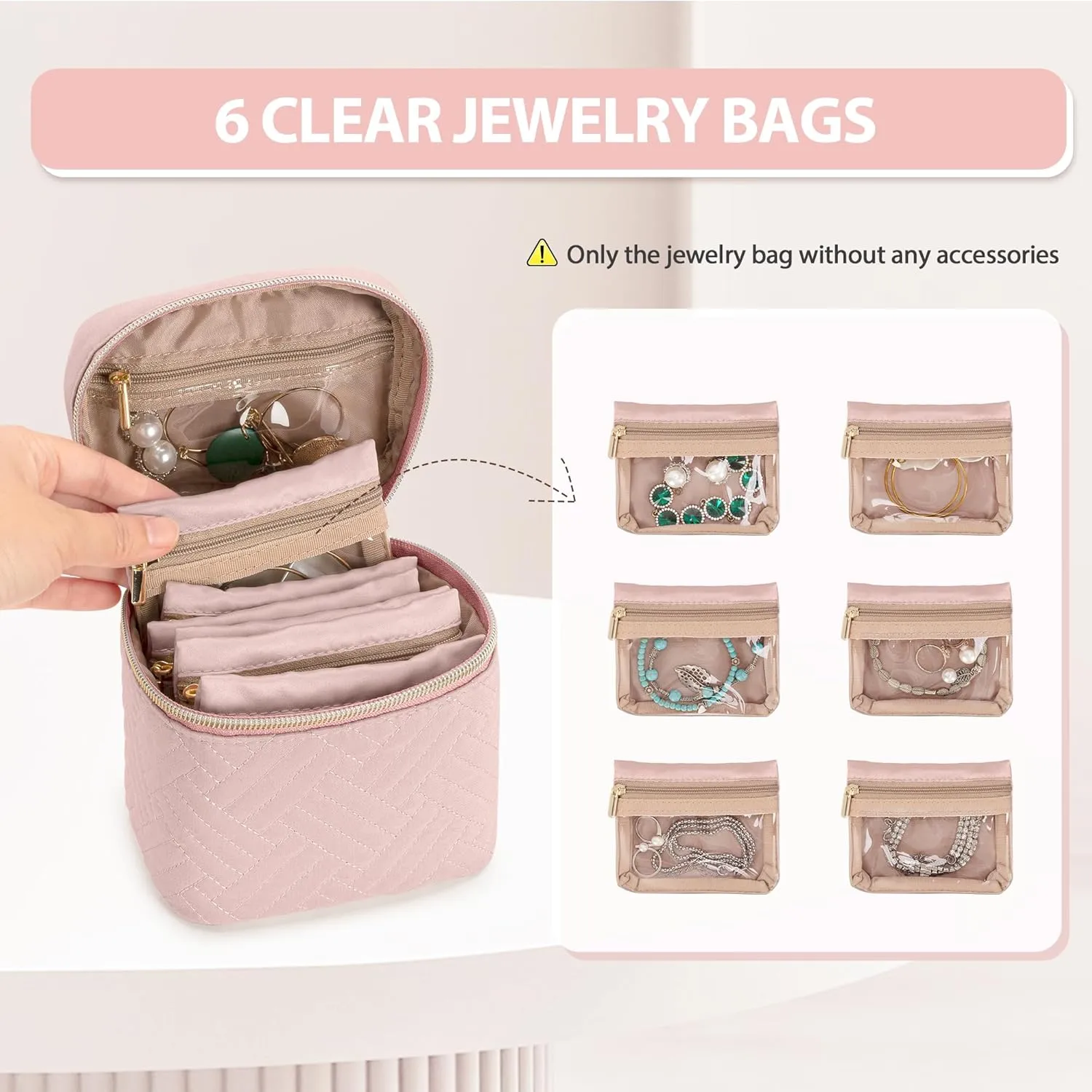 Teamoy Mini Jewelry Organizer with 6 Small Jewelry Bags, Travel Jewelry Storage Box for Necklaces, Rings, Earrings, Bracelets, Quilted Pink