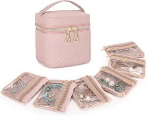 Teamoy Mini Jewelry Organizer with 6 Small Jewelry Bags, Travel Jewelry Storage Box for Necklaces, Rings, Earrings, Bracelets, Quilted Pink