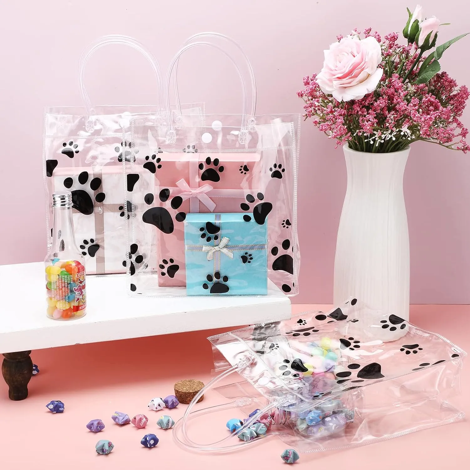Teling 20 Packs Dog Paw Clear PVC Gift Bags with Handle Reusable Plastic Wrap Tote Bags Transparent for Puppy Pet Treat Party Favor Birthday Wedding Party, 8 x 8 x 3.15 Inch(Black)