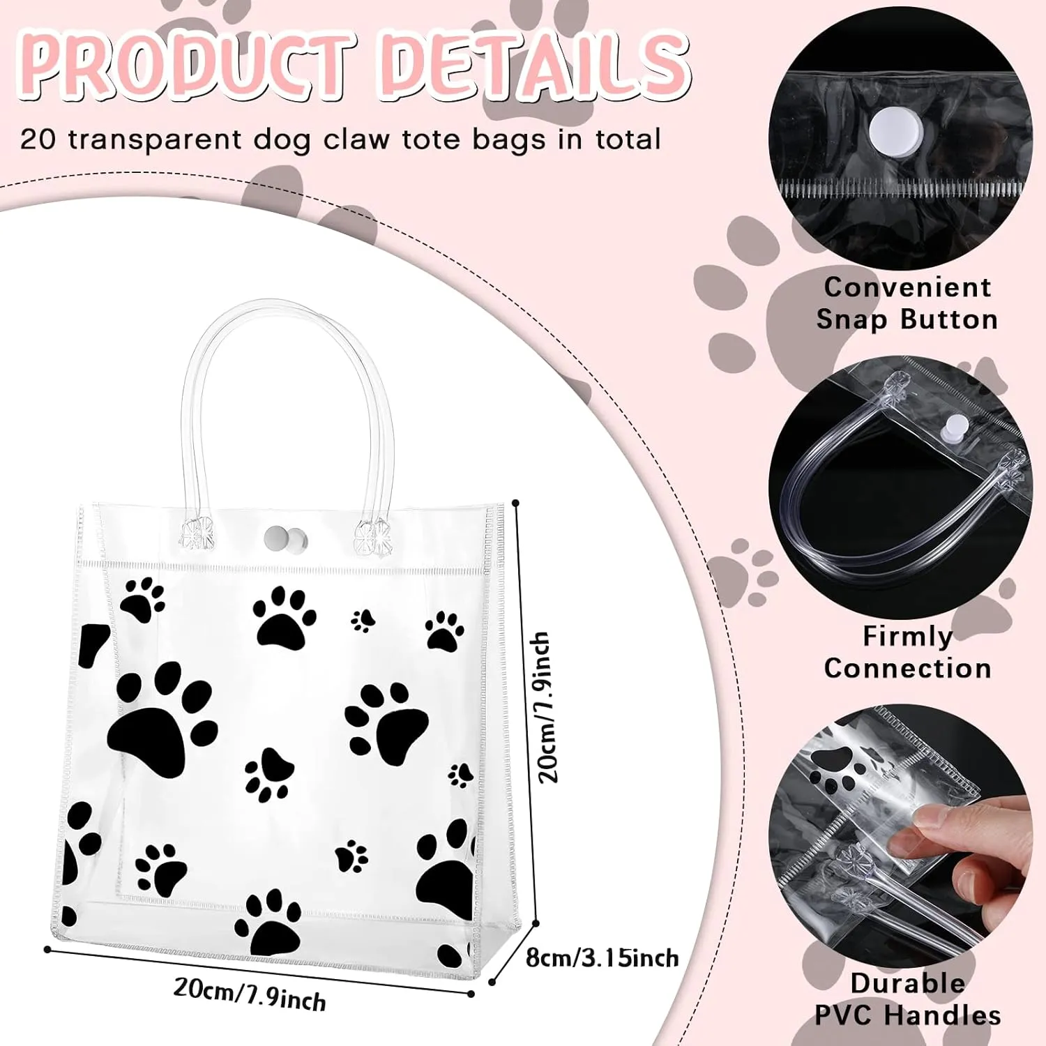 Teling 20 Packs Dog Paw Clear PVC Gift Bags with Handle Reusable Plastic Wrap Tote Bags Transparent for Puppy Pet Treat Party Favor Birthday Wedding Party, 8 x 8 x 3.15 Inch(Black)