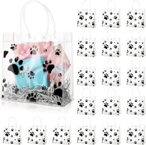 Teling 20 Packs Dog Paw Clear PVC Gift Bags with Handle Reusable Plastic Wrap Tote Bags Transparent for Puppy Pet Treat Party Favor Birthday Wedding Party, 8 x 8 x 3.15 Inch(Black)