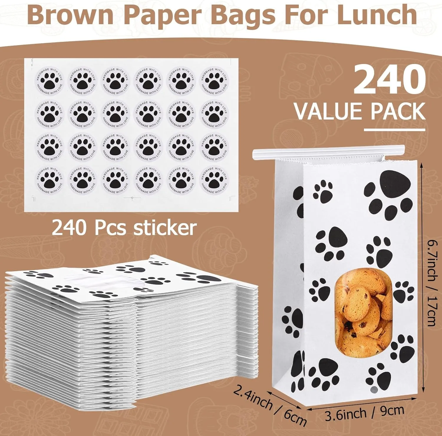 Tenceur 240 Pcs Dog Paw Bakery Bags with Window Paper Cookie Bags 3.54 x 2.36 x 6.7 Inch with Tin Tie Seal Tab Stickers for National Dog Day Coffee Beans Candy Gift Party Favor(White)