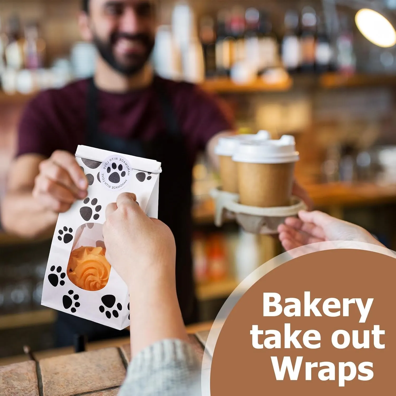 Tenceur 240 Pcs Dog Paw Bakery Bags with Window Paper Cookie Bags 3.54 x 2.36 x 6.7 Inch with Tin Tie Seal Tab Stickers for National Dog Day Coffee Beans Candy Gift Party Favor(White)