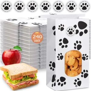 Tenceur 240 Pcs Dog Paw Bakery Bags with Window Paper Cookie Bags 3.54 x 2.36 x 6.7 Inch with Tin Tie Seal Tab Stickers for National Dog Day Coffee Beans Candy Gift Party Favor(White)