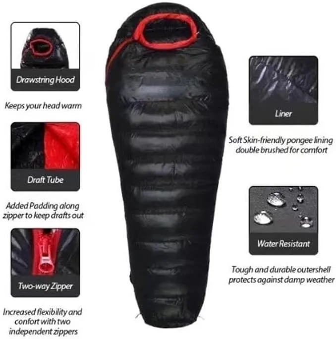 The Extended Goose Down Mummy Sleeping Bag is Filled with Warm Down and is Suitable for A Height Above 1.8 Meters.