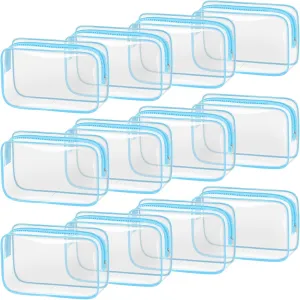 TISRATOK 12 PCS Clear Makeup Bag for Women with Zipper, TSA Approved Toiletry Pouch, Cosmetic Bag Bulk for Travel Organizer Essentials - Blue,Medium