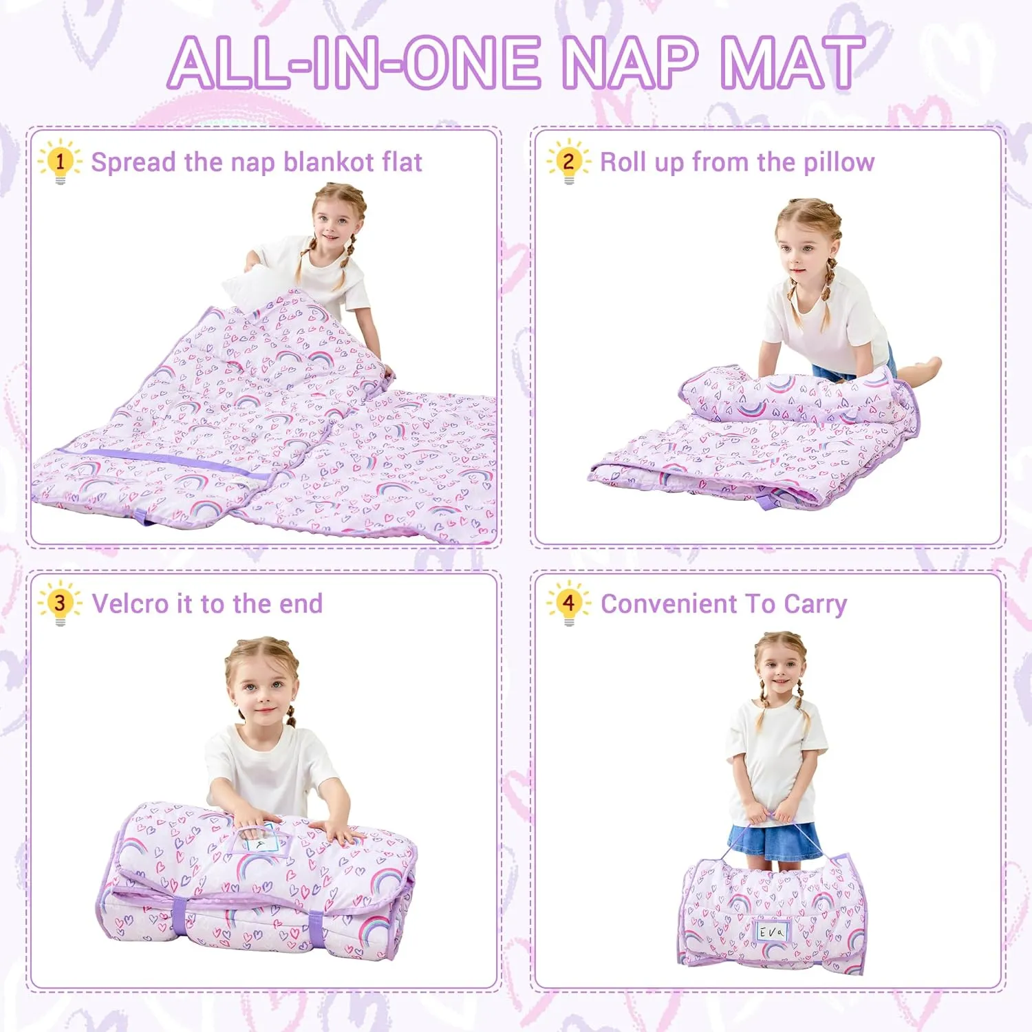 Toddler Nap Mat with Pillow and Blanket, Extra Large Rolled Napping Mats,Slumber Bags for Boys Girls,Kids Sleeping Bag for Daycare, Preschool Travel Camping