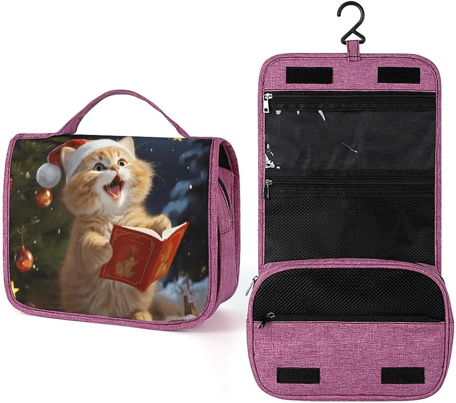 Toiletry Bags, Cute Cat Sing Christmas Carols Print Toiletry Bags,travel Makeup Bag with Hanging Hook Suitable for Toiletries,travel Essentials, style