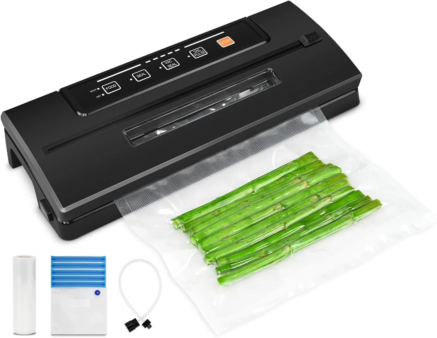 Toprime Vacuum Food Sealer Machine, 80kPa Powerful Sealing System Attached Roll Bag Cutter, Sous Vide Bag and Hose, Dry & Moist Food Modes for Seal a Meal