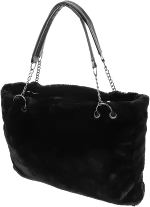 Tote Bag Chain for Women Plush Shoulder Bag Stylish Handbag for Daily Use Black Large Size