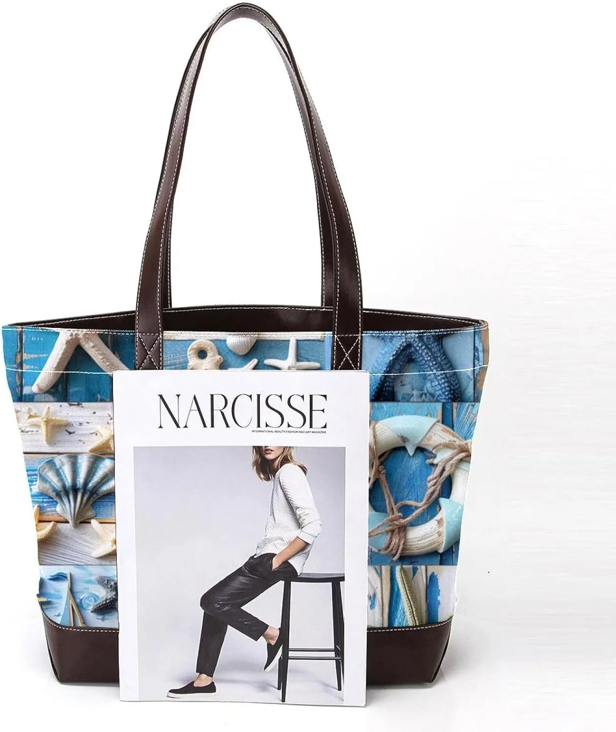 Tote Bag for Women, Large Tote Bags for Women, Tote Bag with Zipper, Summer Nautical Anchor Starfish, Totes for Women