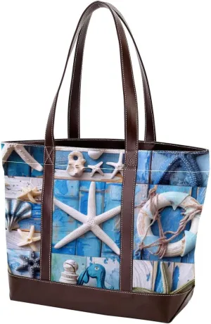 Tote Bag for Women, Large Tote Bags for Women, Tote Bag with Zipper, Summer Nautical Anchor Starfish, Totes for Women