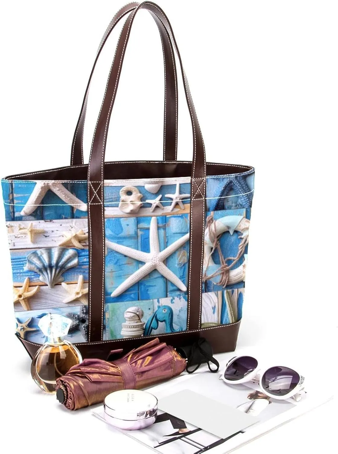 Tote Bag for Women, Large Tote Bags for Women, Tote Bag with Zipper, Summer Nautical Anchor Starfish, Totes for Women