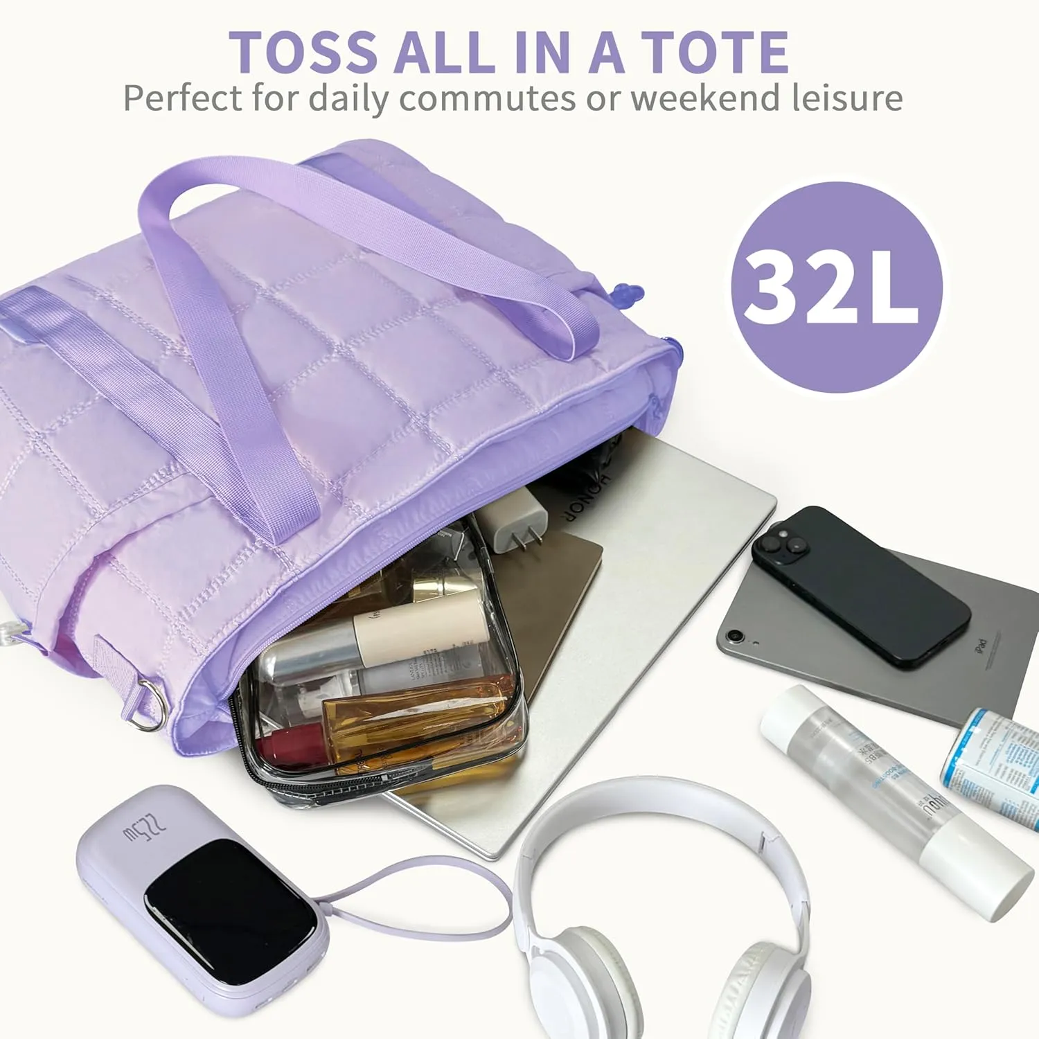 Tote Bag for Women, Puffy Bag with Zipper, Quilted Shoulder Bag with Compartments for Travel and Gym